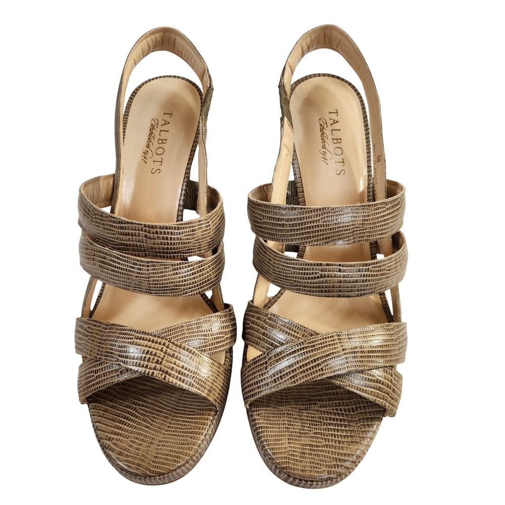 Talbots Womens 9B Brown‎ Snake Embossed Leather Slingback Heel Sandals Brazil